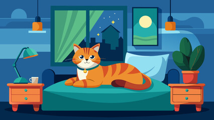 Cozy Domestic Cat Relaxing in a Modern Bedroom at Night