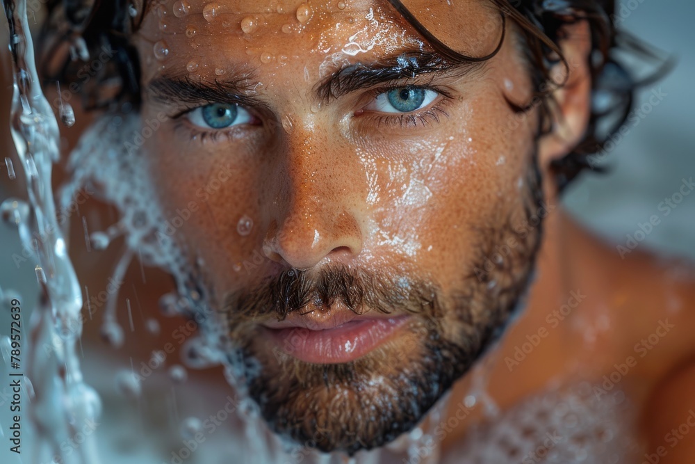 Poster a detailed macro shot showcases the dynamic water splash with visible bubbles and droplets against a