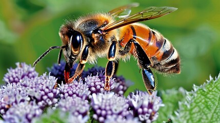 A bee with the stinger of a wasp buzzes from flower to flower, its potent venom ensuring the protection of its hive and its precious honey , - obrazy, fototapety, plakaty