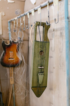 musical instruments in a carpentry workshop