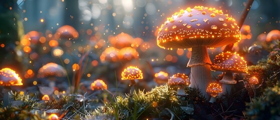 Mystical Glade: Shimmering Fungi & Whimsy. Concept Fantasy Photoshoot, Enchanted Forest, Ethereal Backdrops, Magical Creatures, Fairy Tale Attire - obrazy, fototapety, plakaty