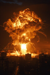 Obraz premium Urban area under assault from a missile, causing a massive explosion