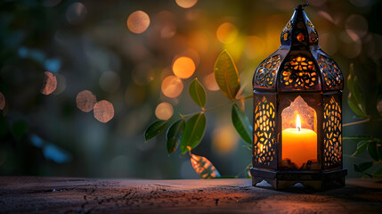 Luminous tradition, softly lit lantern by a candle, observed during Ramadan Kareem, wallpaper banner with copy space. - obrazy, fototapety, plakaty