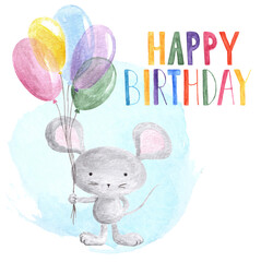 Hand drawn cartoon funny animal grey mouse with group of colorful multicolored balloons and handwritten "happy birhday".B-day party card on textured spot background.