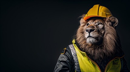 On World Safety Day, a serene lion wearing a high-visibility safety jacket and a protective yellow...