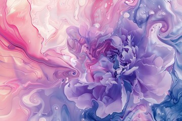 peony flower, soft pastel color watercolor background, swirls of fluid lines and abstract shapes in the style of pink purple blue white