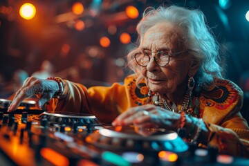 An elderly female DJ in a colorful outfit fiercely plays music on a deck, showcasing energy and...