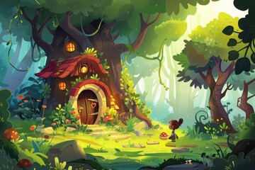Enchanted forest scene with a fairytale treehouse, lush greenery, and magical atmosphere, perfect for a cartoon adventure - obrazy, fototapety, plakaty