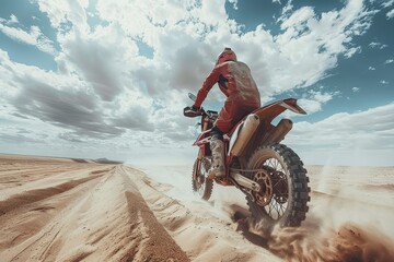 Intense focus as a motorbike racer in protective gear speeds fiercely across a desert landscape, creating a sand trail - obrazy, fototapety, plakaty