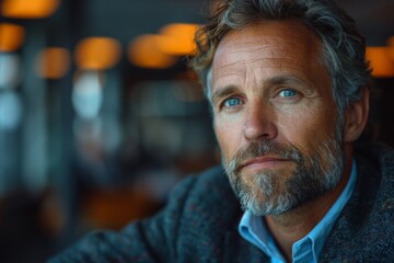 A mature man with a deep gaze and stubble beard in a moody setting