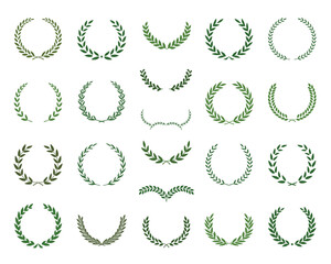 Set of green silhouette laurel foliate, olive wreaths. Vector illustration for your frame, border, ornament design, wreaths depicting an award, achievement, heraldry, emblem, logo.