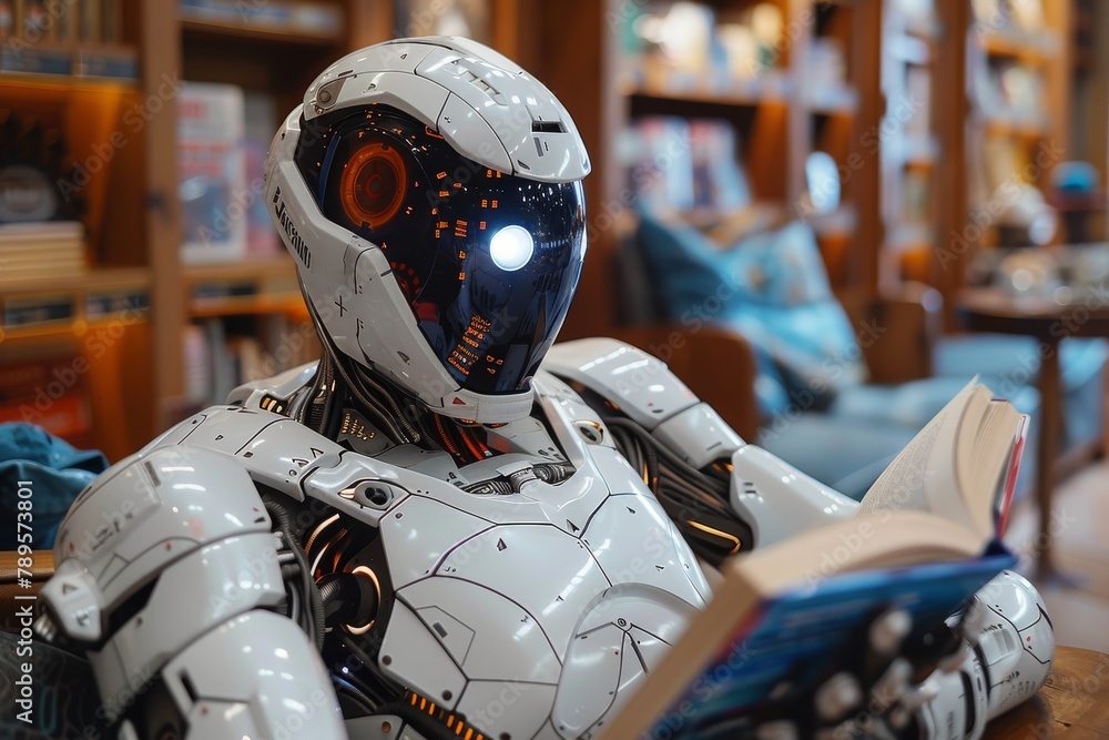 Poster an advanced robotic figure intently reads a book, highlighting the intersection of technology and hu