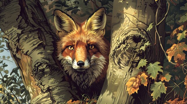 A sly fox peeks out from behind a tree trunk its eyes gleaming with mischief Use warm autumnal colors and focus on the foxs cunning expression