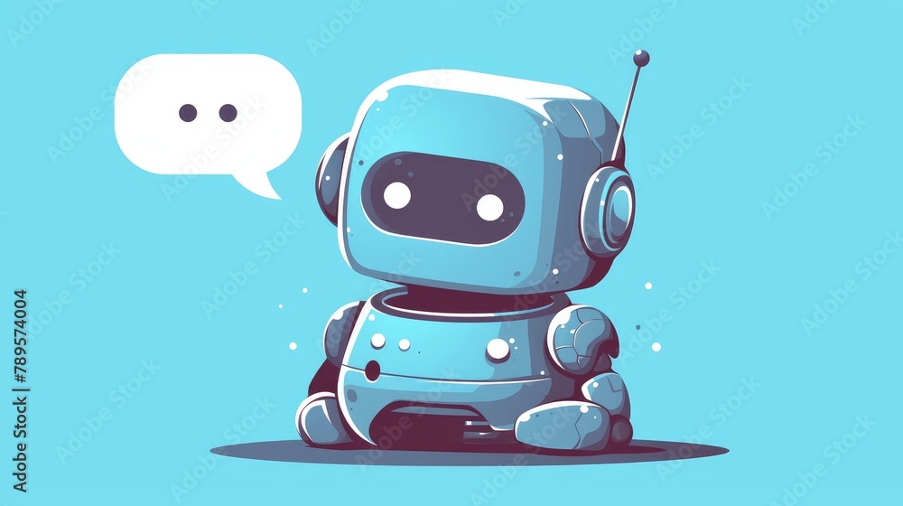 Poster modern flat cartoon character of a robot icon with a speech bubble providing support services in a c