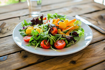 A colorful salad on a wooden table