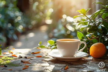 Foto auf Leinwand Early morning coffee outdoors with light and shadow with copy space © krishnendu