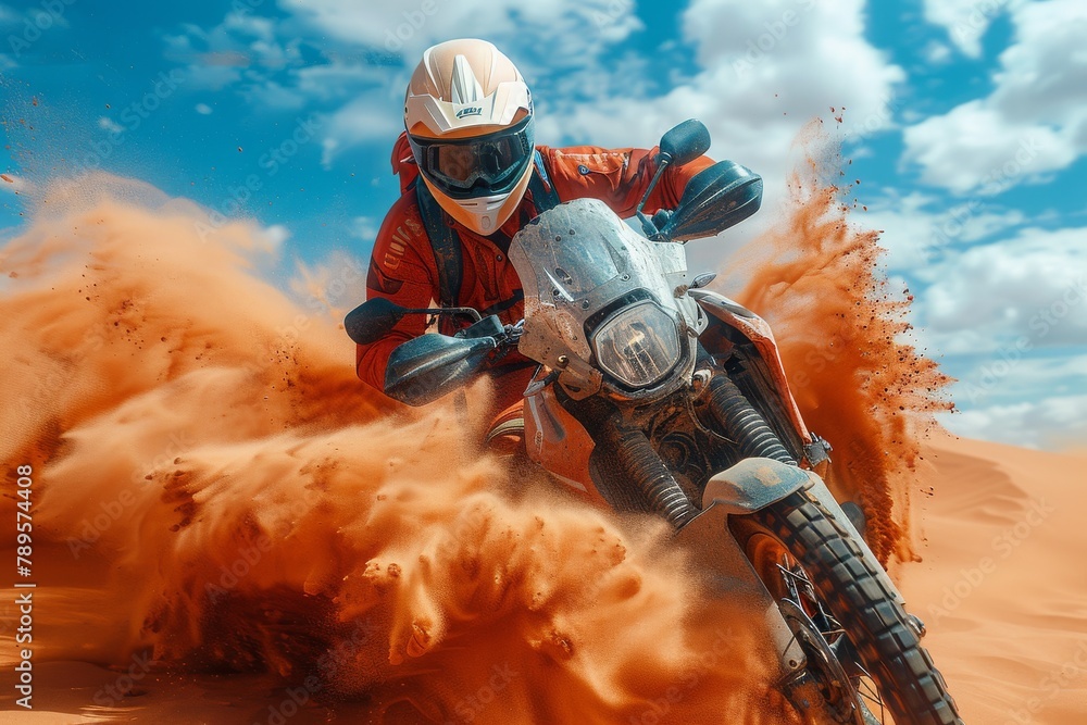 Poster vivid image of a motorcyclist shrouded in dust clouds while navigating through desert extremes