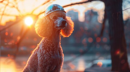 Reflecting on the importance of safety, a poodle, adorned with a reflective safety helmet, stands against a backdrop of a tranquil, blurred cityscape at twilight. - obrazy, fototapety, plakaty