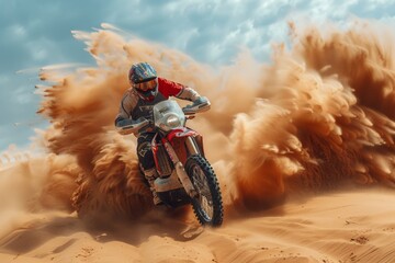 A motorcyclist speeds through a desert, kicking up sand with action-packed dynamism and intensity