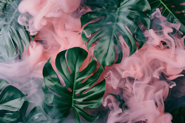 pattern of tropical green monstera leafs with pastel pink color smoke Generative AI
