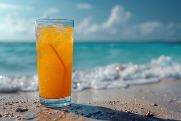Fresh juice or cocktail by the beach with copy space