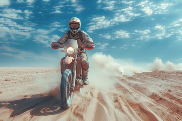 Rider atop a motorbike in the desert with a clear blue sky in the background emphasizes freedom and exploration