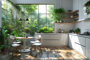 An airy and bright modern kitchen with floor-to-ceiling windows offers a stunning view of a lush green garden