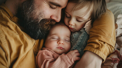 A tender moment as a bearded father cuddles his sleeping toddler and newborn, highlighting the warmth of family love.
