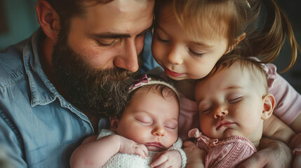 A tender moment as a bearded father cuddles his sleeping toddler and newborn, highlighting the warmth of family love.
