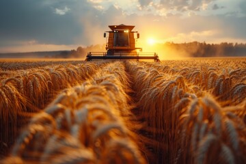 An awe-inspiring image showcasing a harvester at work during sunset in a golden wheat field, epitomizing the harvest season
