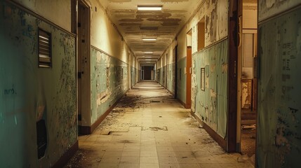 scary old hospital corridor  - obrazy, fototapety, plakaty