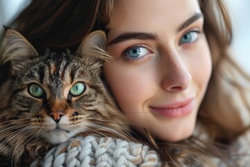 Close-up image of a woman with blue eyes hugging a furry cat with striking green eyes