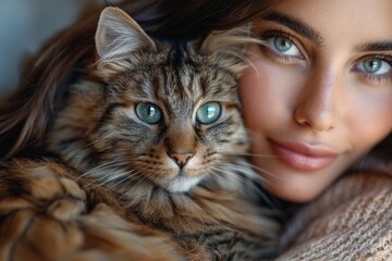 Close view of a woman's face next to her beloved tabby cat, emphasizing their bond