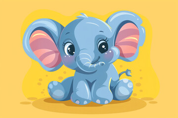 Cute sitting blue baby elephant on a yellow background.