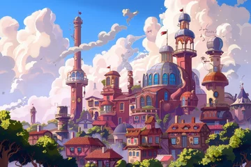 Gordijnen Fantastical cartoon city with intricate architecture and whimsical buildings, depicting an imaginative urban landscape © Truprint