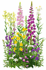 Purple yellow meadow flowers on a white background. Rural postcard, poster, postcard design.