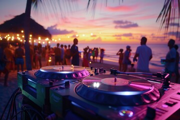 photo of DJ turntable with vinyl on the beach at sunset, crowd dancing in the background, bokeh effect, neon lights, tropical setting, vibrant colors, party atmosphere - obrazy, fototapety, plakaty