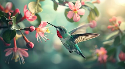 A vibrantly colored hummingbird hovers near a flowering vine its wings a blur of motion Focus on the delicate beauty of both the bird and the flowers