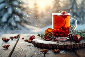 Hot mulled wine on wood table with christmas market in the background - obrazy, fototapety, plakaty