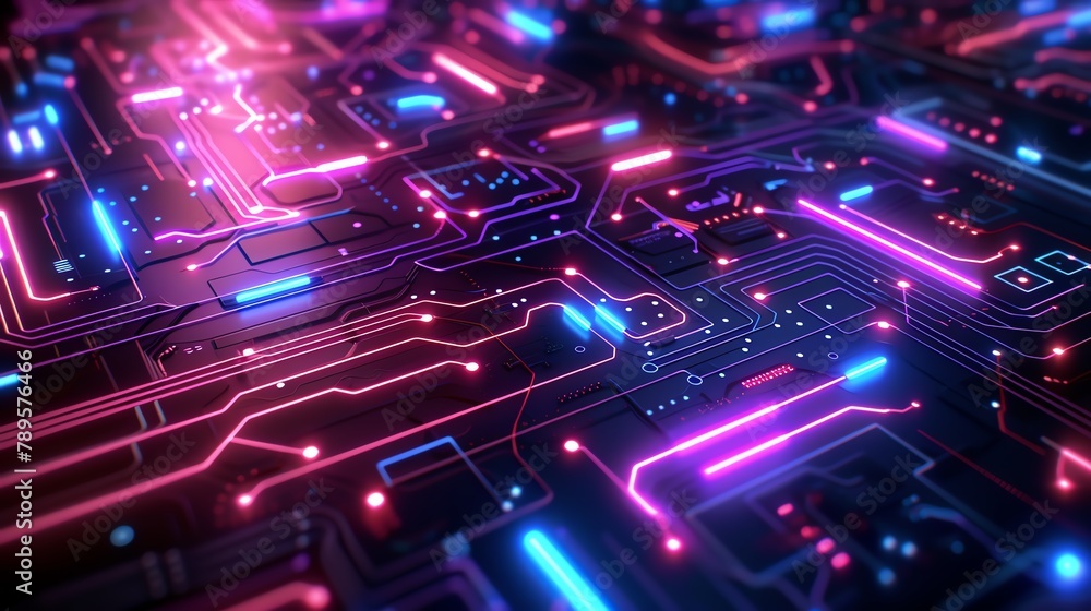 Poster futuristic neon circuit board design on a dark background, symbolizing advanced technology and digit