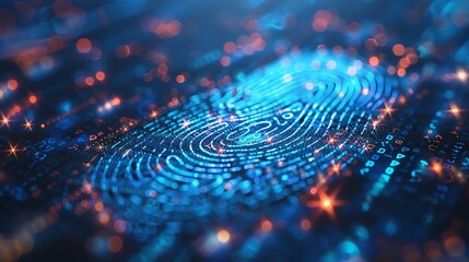 High-tech digital fingerprint scan with dynamic lines and cybersecurity concepts on a cool blue background, tailored for identity verification systems - obrazy, fototapety, plakaty