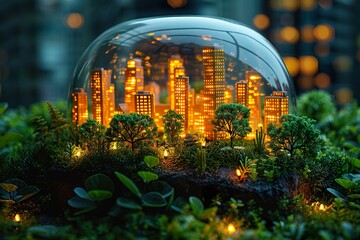 Lamp with a modern eco-city among trees and grass