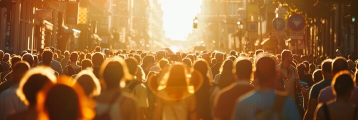 banner Bustling city street scene at sunset with crowds of people bathed in warm golden light
Concept: urban life, busy street, golden hour, crowded scene. soft focus,defocus
