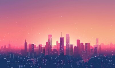 Fototapeta premium Illustrate a minimalist cityscape at dusk using sleek vector graphics, showcasing a few towering skyscrapers against a gradient evening sky