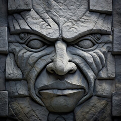 Carved stone face that is expressive.