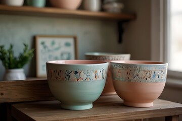 A selection of vibrant ceramics adorns the kitchen shelf, while handcrafted artwork and ceramic bowls are featured in product shots.