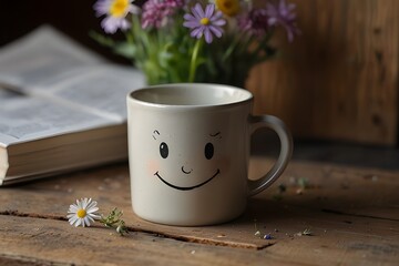 A cheerful, smiling coffee cup or mug is placed on a table. Gleaming Raindrops: Enchanting Petals Embrace a Stylish Ceramic Cup resting on a surface Teapot and empty cup resting on a wooden garden tab