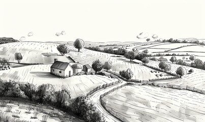 Illustrate a serene countryside landscape using pen and ink, showcasing rolling hills, charming farmhouses, and winding roads seen from a captivating aerial perspective