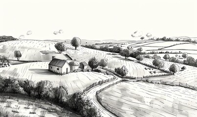 Fototapeta premium Illustrate a serene countryside landscape using pen and ink, showcasing rolling hills, charming farmhouses, and winding roads seen from a captivating aerial perspective