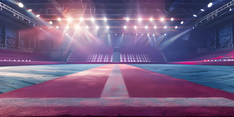 Dynamic Cheerleading Arena, Tumbling Mat with Stadium Lights background - Ai Generated